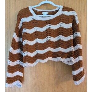 Altar’d State Cropped Long Sleeve Striped Crochet Sweater XS Lightweight Brown